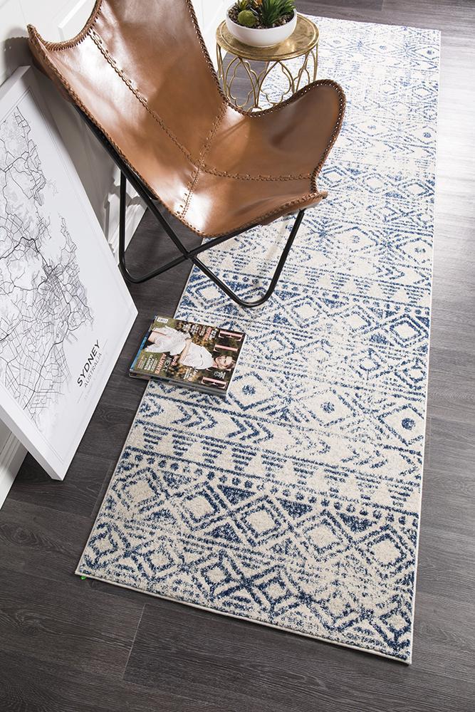 Oasis Ismail White Blue Rustic Runner Rug - Click Rugs