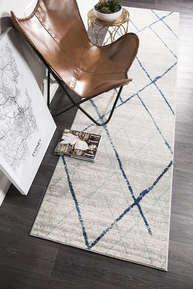 Oasis Noah White Blue Contemporary Runner Rug - Click Rugs