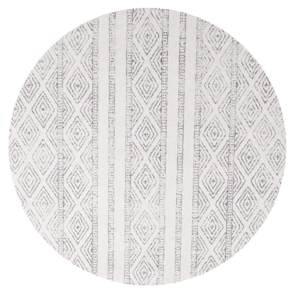Oasis Salma White And Grey Tribal Round Rug - Click Rugs