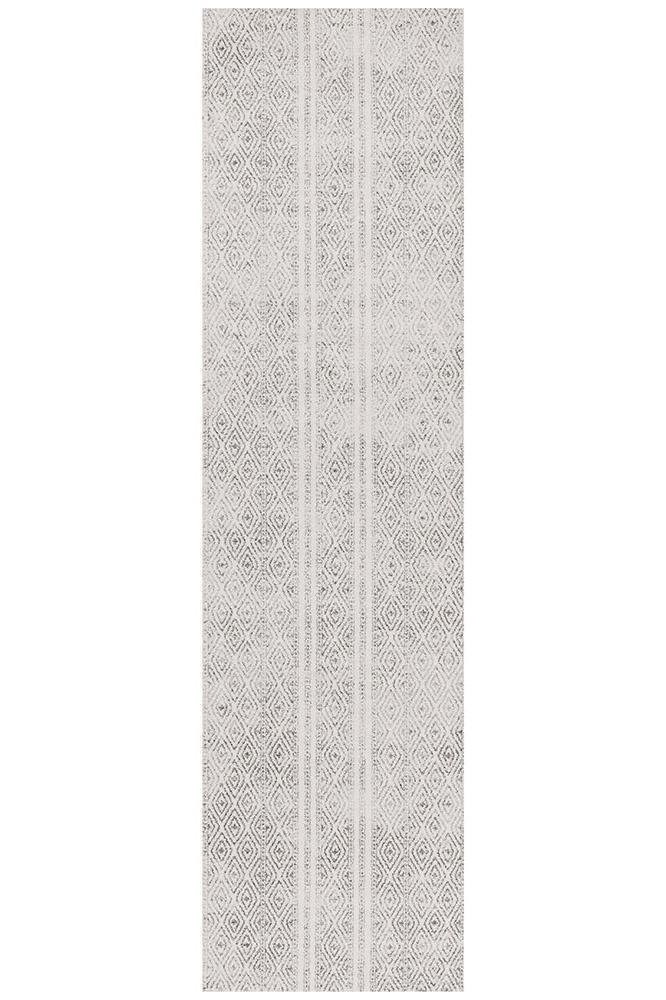 Oasis Salma White And Grey Tribal Runner Rug - Click Rugs