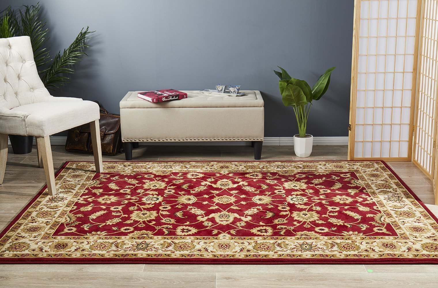 Sydney Collection Classic Rug Red with Ivory Border - Click Rugs