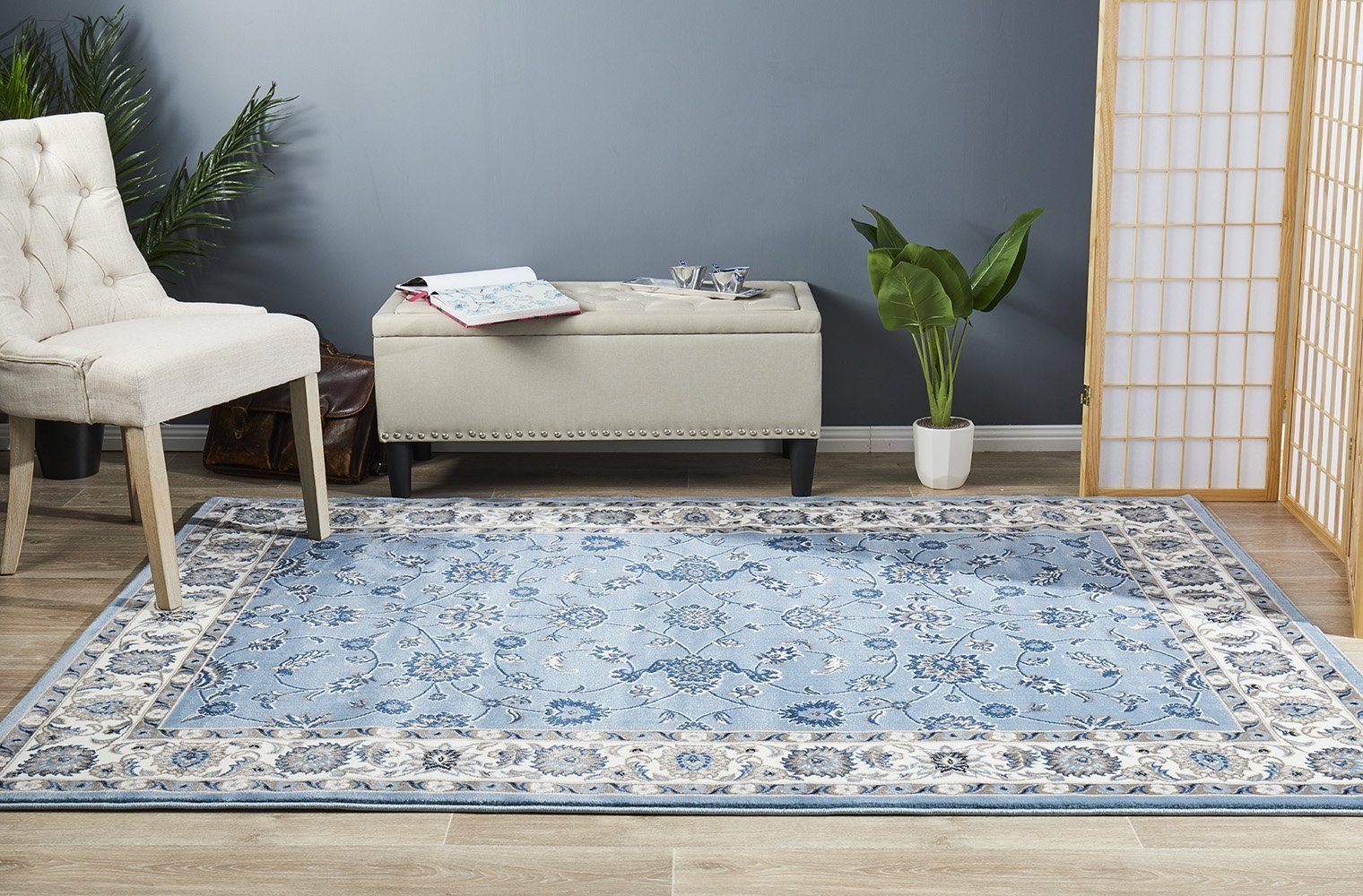 Sydney Collection Classic Rug Sky Blue with Blue Border - Click Rugs