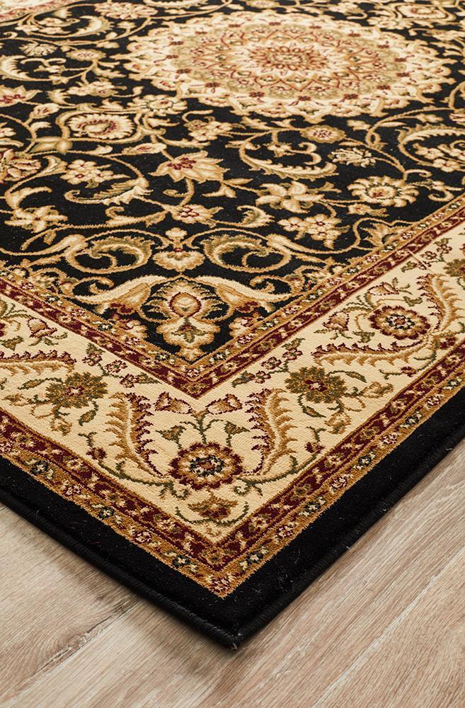 Sydney Collection Medallion Rug Black with Ivory Border - Click Rugs
