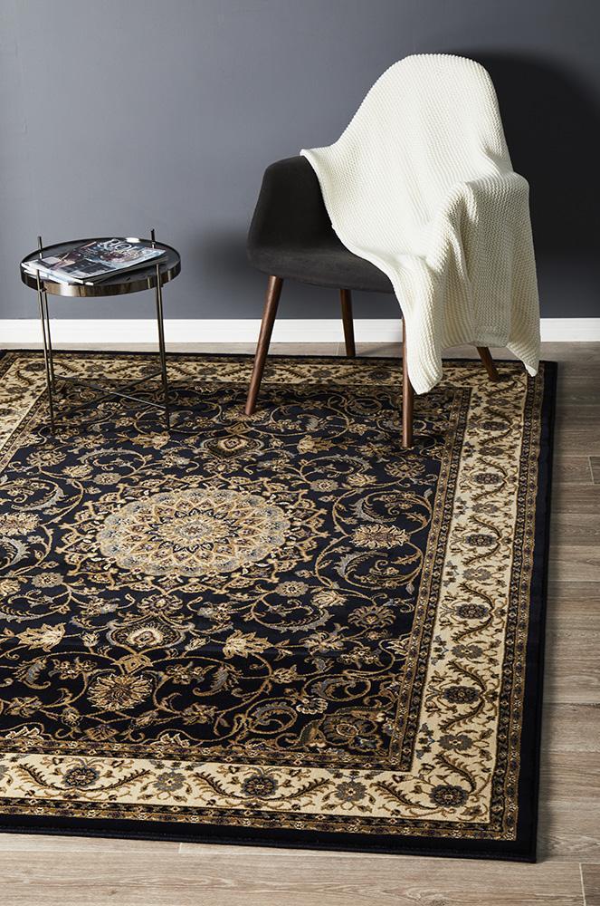 Sydney Collection Medallion Rug Blue with Ivory Border - Click Rugs