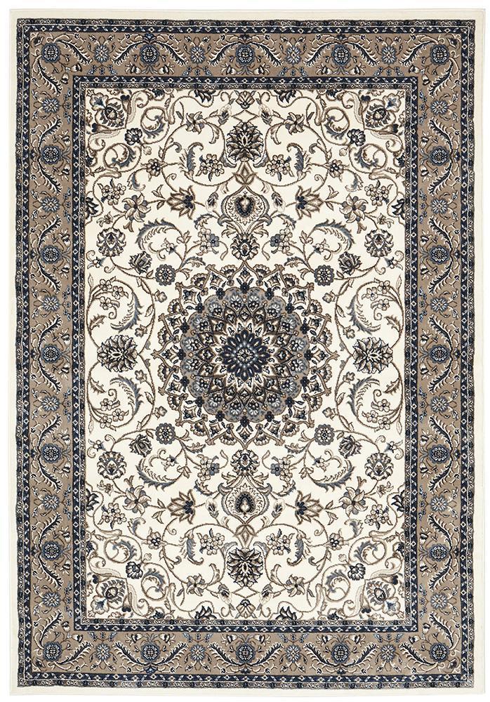 Sydney Collection Medallion Rug White with Beige Border - Click Rugs
