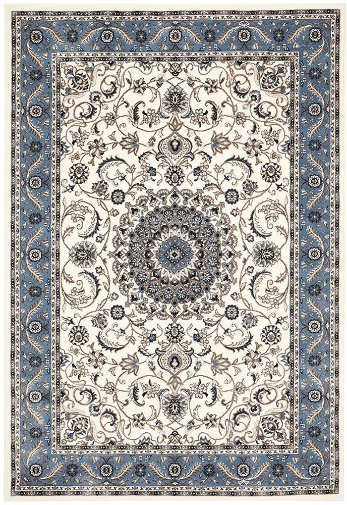Sydney Collection Medallion Rug White with Blue Border - Click Rugs